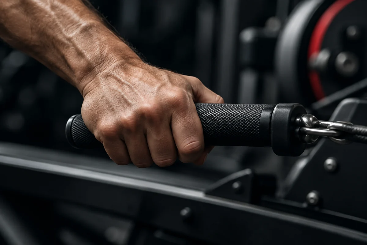 Gros plan illustrant une prise contrôlée sur une poignée de musculation